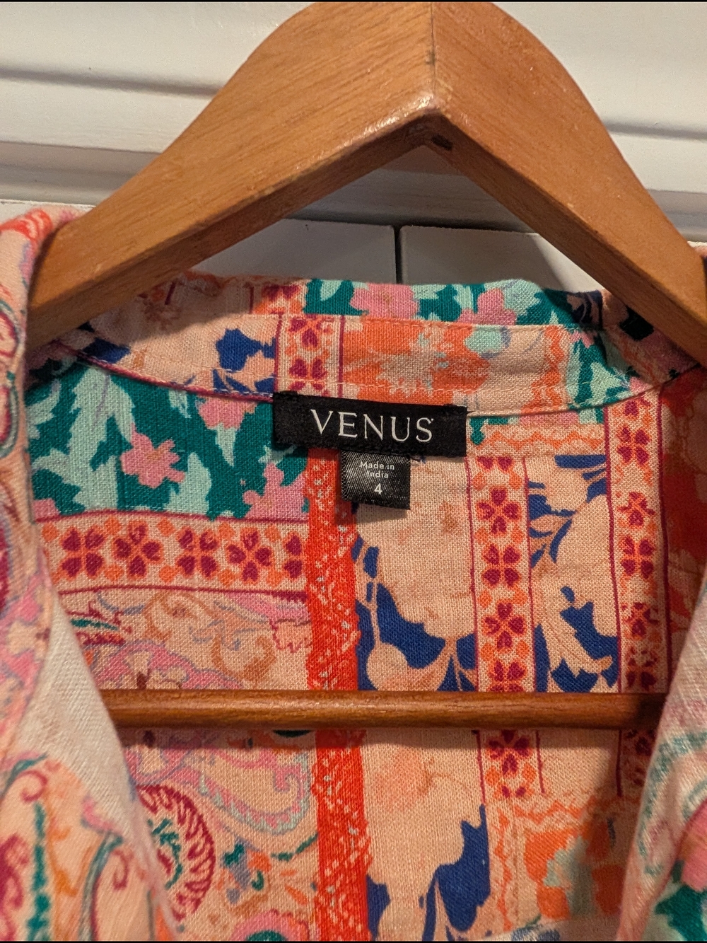 VENUS Women's Coral Floral Patchwork Collared Shirt Dress Linen blend Size 4 - Picture 2 of 11